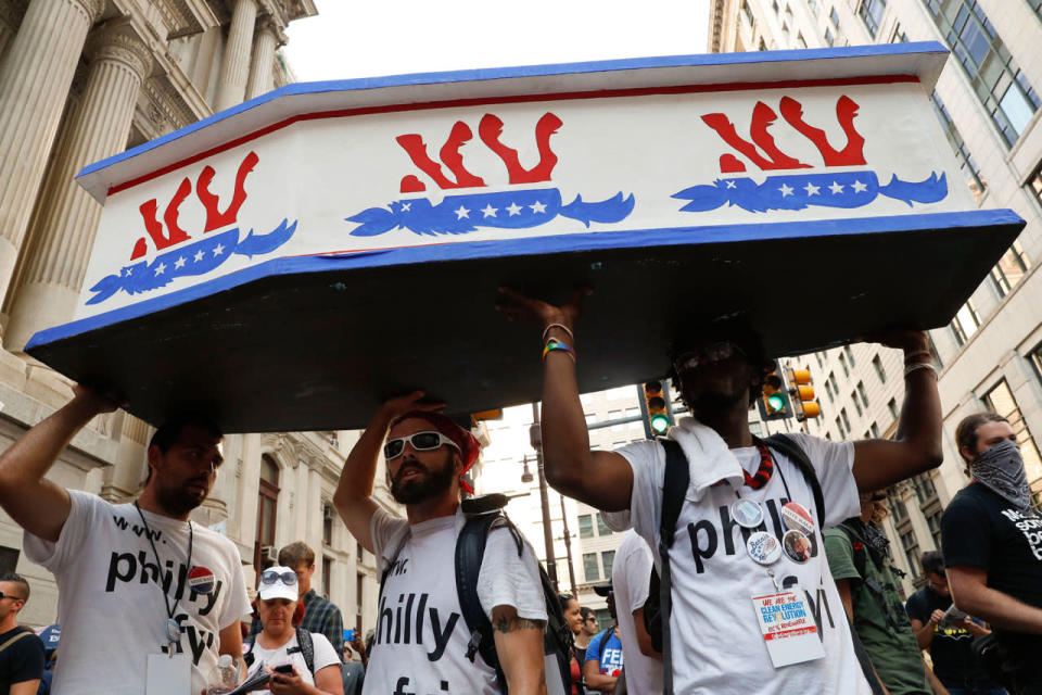 <p>Supporters of Sen. Bernie Sanders march near City Hall in Philadelphia, Tuesday, July 26, 2016, during the second day of the Democratic National Convention. (Photo: John Minchillo/AP)</p>