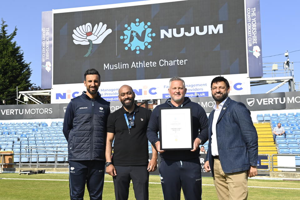 Nujum Sports CEO Ebadur Rahman (second left), pictured with Yorkshire captain Shan Masood, director of cricket Darren Gough and equality, diversity and inclusion manager Mo Hussain (Handout)