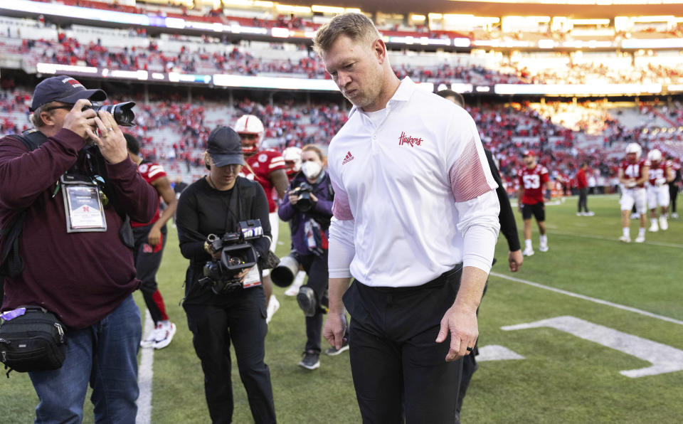 Nebraska head coach Scott Frost walks off the field following his team's 28-23 loss to Purdue in an NCAA college football game Saturday, Oct. 30, 2021, at Memorial Stadium in Lincoln, Neb. (AP Photo/Rebecca S. Gratz)