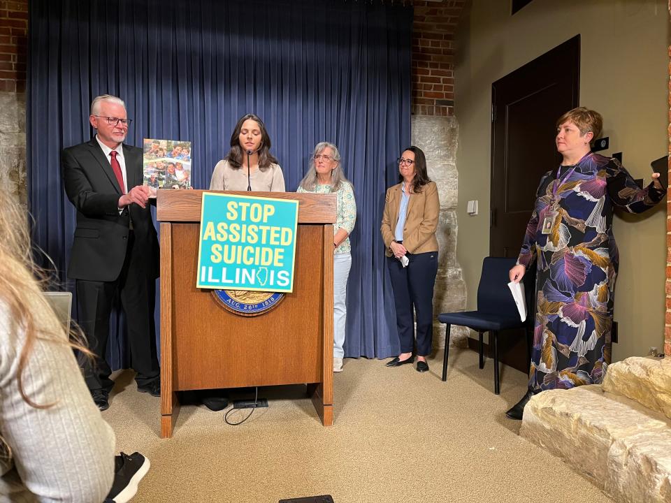 Opponents to the right-to-die bill spoke at a Stop Assisted Suicide press conference at the Illinois State Capitol on March 13, 2024, in Springfield