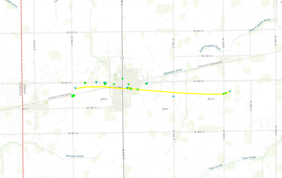 The path of a confirmed tornado during March 31, 2023, storms in Swayzee, Grant County.