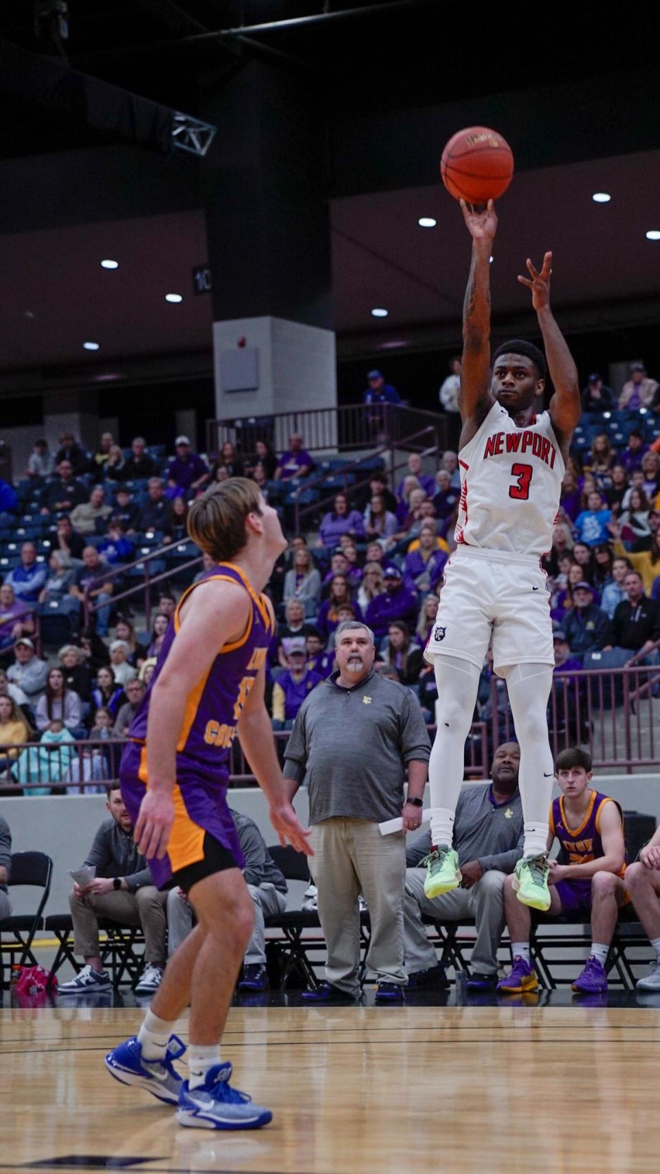 Newport's DeShaun Jackson (3) scored 10 of his 14 points against Lyon County in the first half of Newport's All "A" Classic semifinal win on Jan. 27 at Corbin Arena in Corbin, Ky.