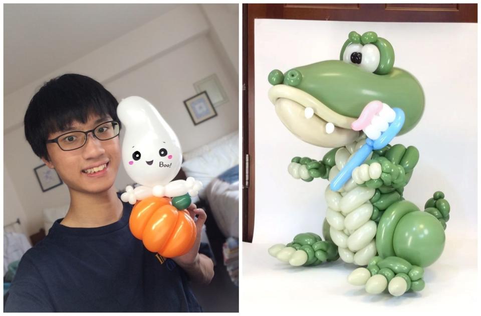 顏睿軍（左圖）是台灣氣球藝術家，近日以《鱷魚》（右圖）拿下Qualatex指定色氣球創作比賽冠軍。（翻攝顏睿軍Threads）