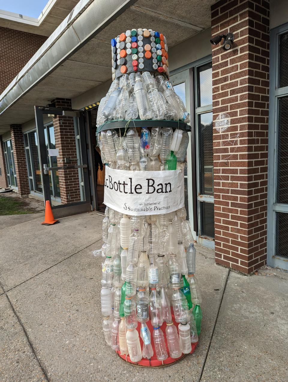 Two articles at the April 25 annual town meeting in Yarmouth focused on plastic reduction bylaws and a single-use plastic water bottle ban in the town. Both articles passed. A sculpture by Sustainable Practices, shown in the photo, stood outside the meeting venue.