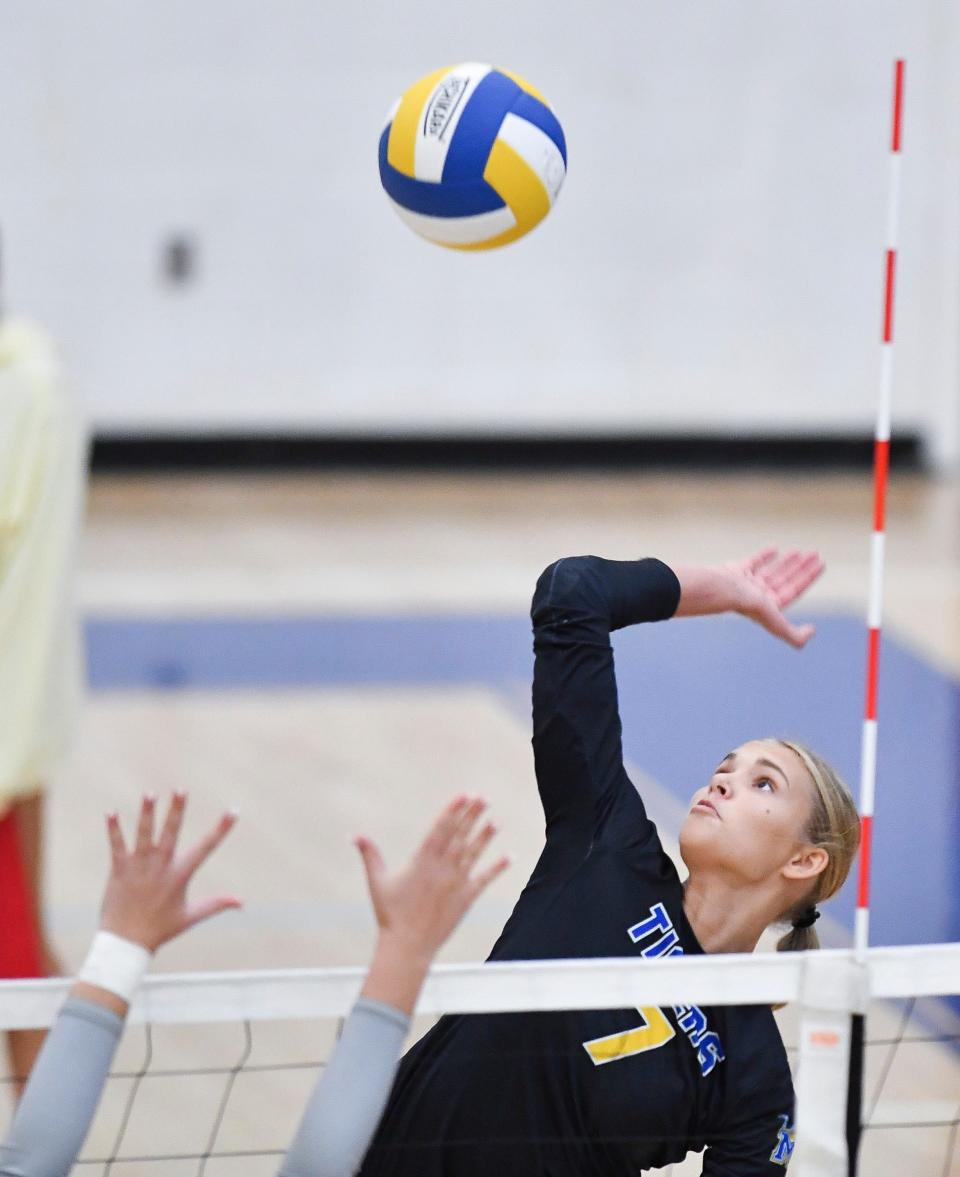 Martin County's Grace Lee (7) hits against South Fork in a high school volleyball match, Tuesday, Oct. 10, 2023, in Stuart. Martin County won in five sets.