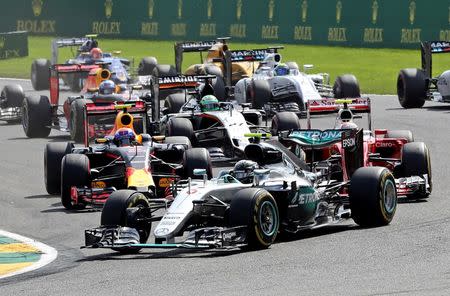 Belgium Formula One - F1 - Belgian Grand Prix 2016 - Francorchamps, Belgium - 28/08/16 - Mercedes' Nico Rosberg of Germany leads the race at the start of the Belgian F1 Grand Prix. REUTERS/Yves Herman