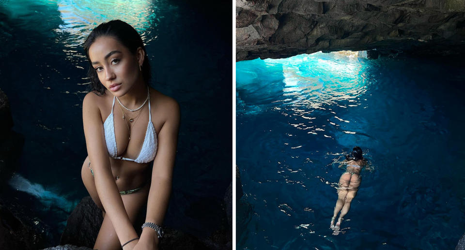 Influencer posing in bikini at ocean cave