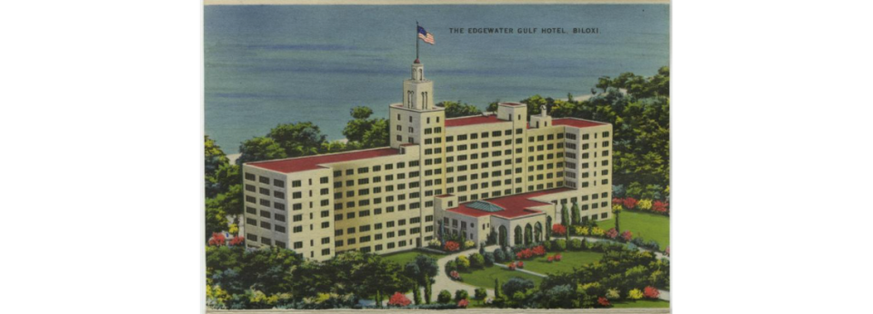 Postcard featuring the Edgewater Gulf Coast Hotel, one of the largest hotels on the Mississippi Coast.