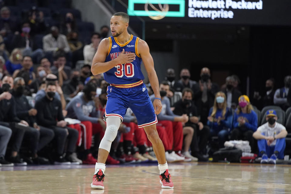 Golden State Warriors guard Stephen Curry against the Chicago Bulls during an NBA basketball game in San Francisco, Friday, Nov. 12, 2021. (AP Photo/Jeff Chiu)