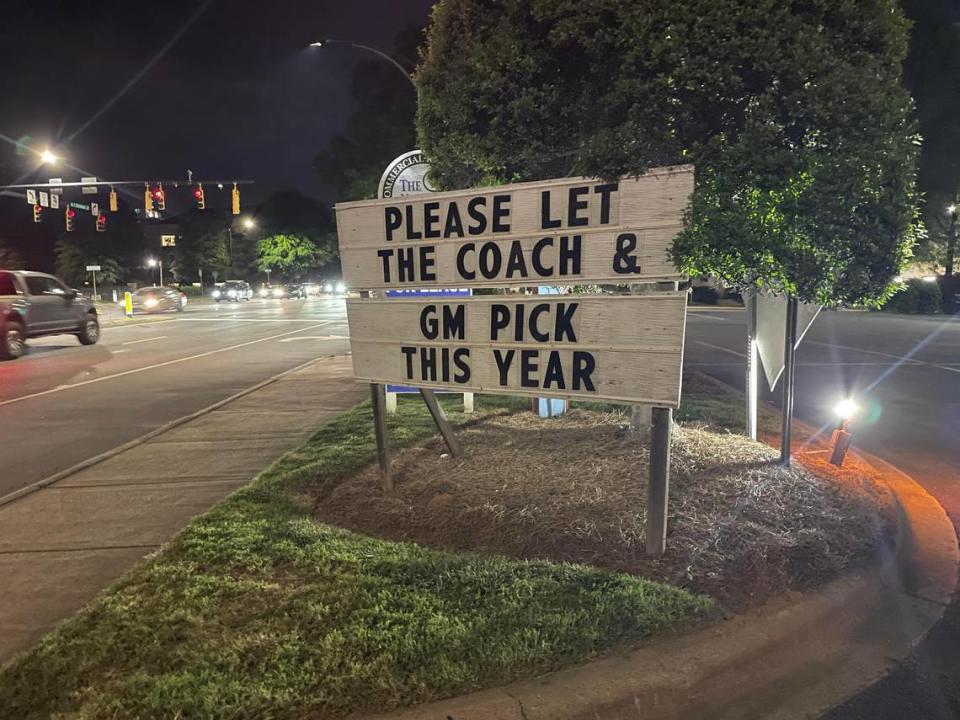 This sign, directed at Carolina Panthers owner David Tepper and regarding this week’s NFL Draft, sits outside Dilworth Neighborhood Grille in Charlotte. Alex Zietlow/Charlotte Observer