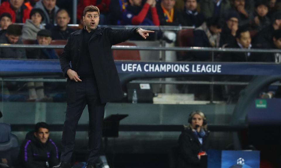 Mauricio Pochettino directs the Tottenham traffic in their Champions League draw at Barcelona.