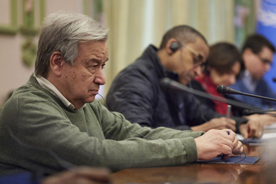 In this image provided by the Ukrainian Presidential Press Office, U.N. Secretary-General Antonio Guterres, left, attends talks with Ukrainian President Volodymyr Zelenskyy in Kyiv, Ukraine, Thursday, April 28, 2022. (Ukrainian Presidential Press Office via AP)