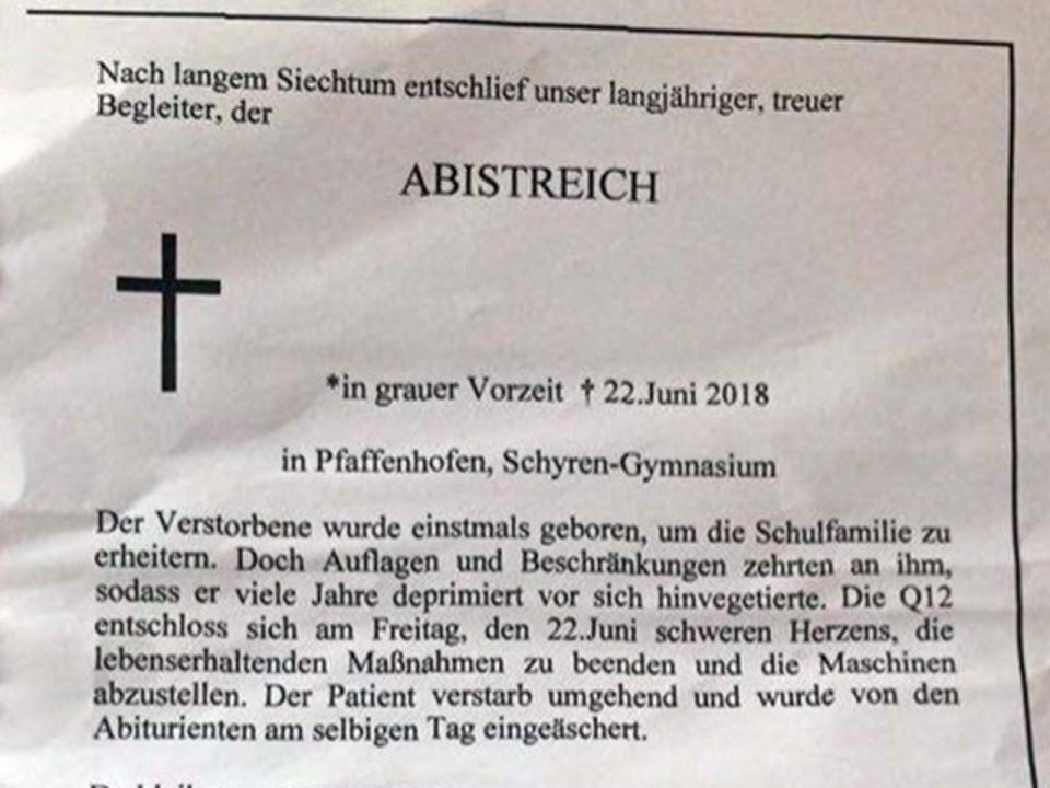 Schüler trauern um ihren Abi-Streich. (Bild-Copyright: Kurioses aus der Presseschau/Facebook)