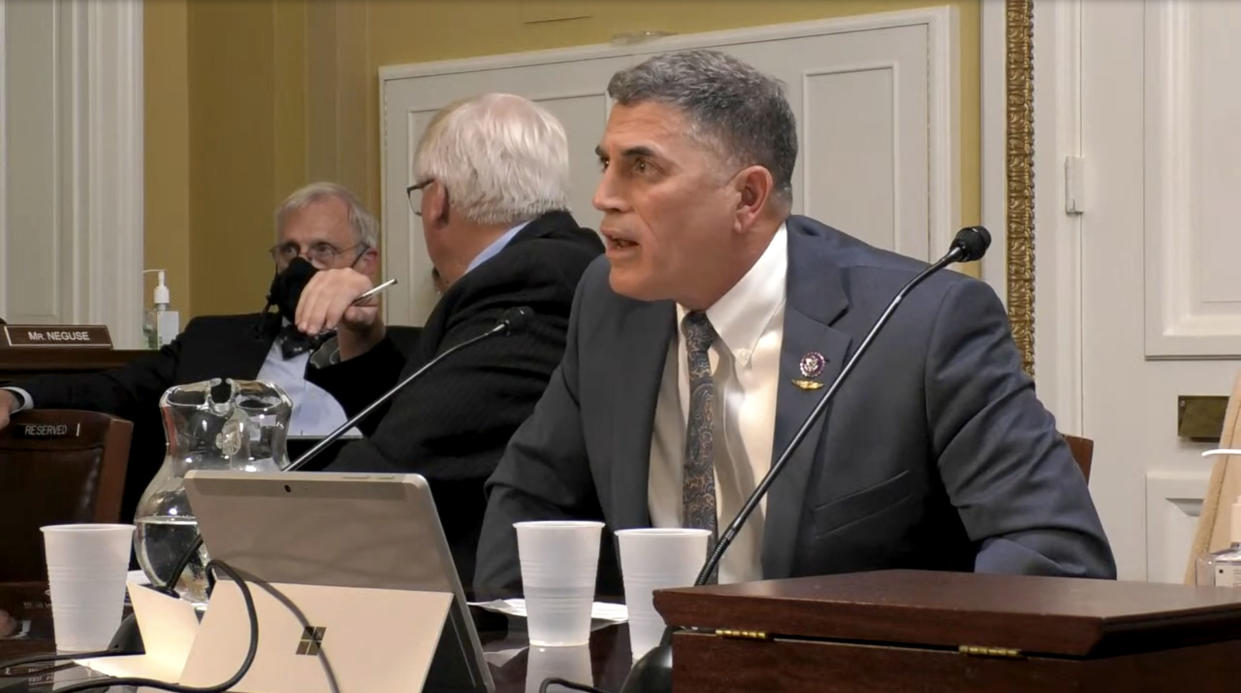 Rep. Andrew Clyde reacts to a question from Rep. Jamie Raskin during a Rules Committee hearing on Capitol Hill on January 27, 2021.  (House.gov video)