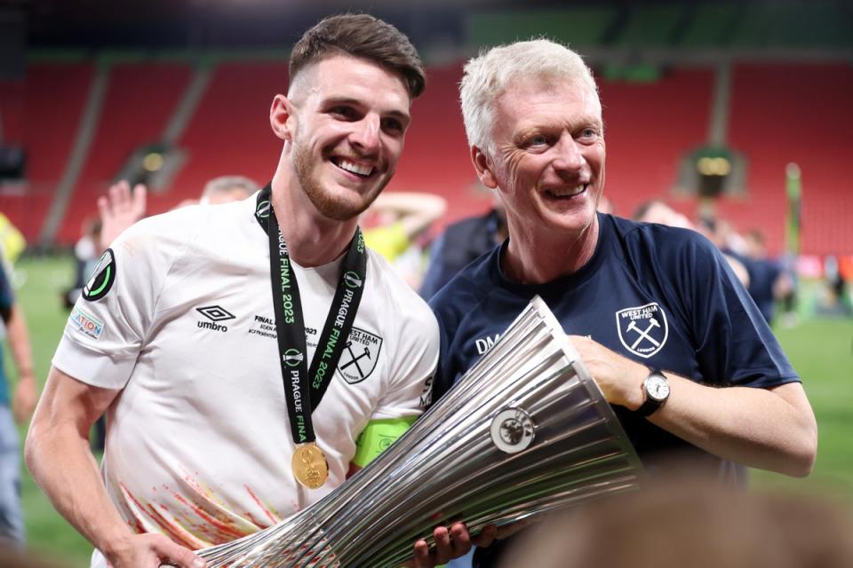 Memories: Declan Rice and David Moyes helped end West Ham’s 43-year wait for a major trophy last season (Getty Images)