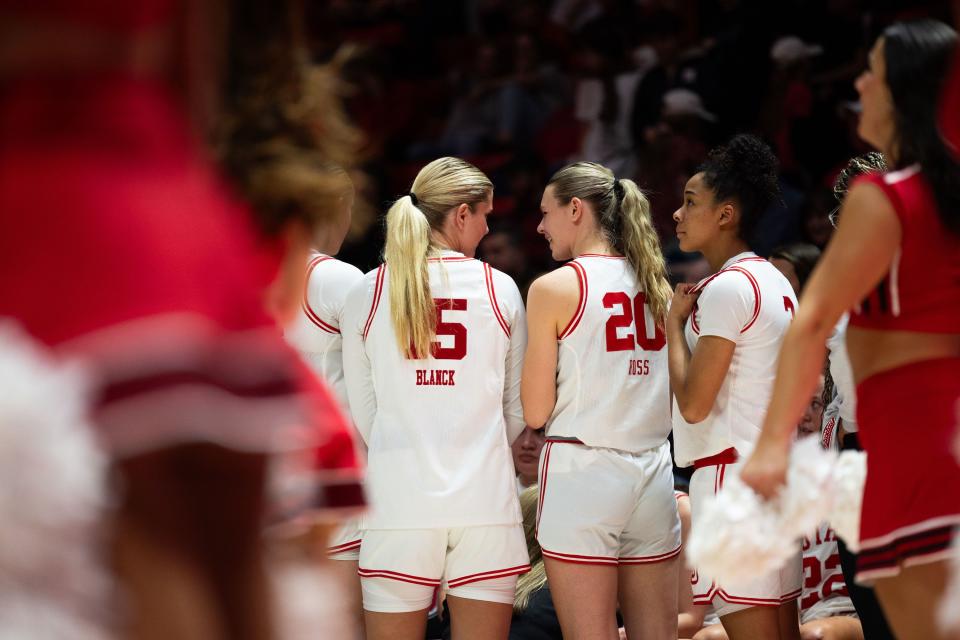 Utah Utes players during a timeout during the women’s college basketball game between the Utah Utes and the Oregon State Beavers at the Jon M. Huntsman Center in Salt Lake City on Friday, Feb. 9, 2024. | Megan Nielsen, Deseret News