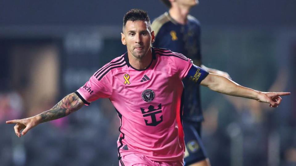 Inter Miami's Lionel Messi celebrates after scoring a goal