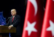 Turkish President Erdogan makes a speech during a meeting in Ankara