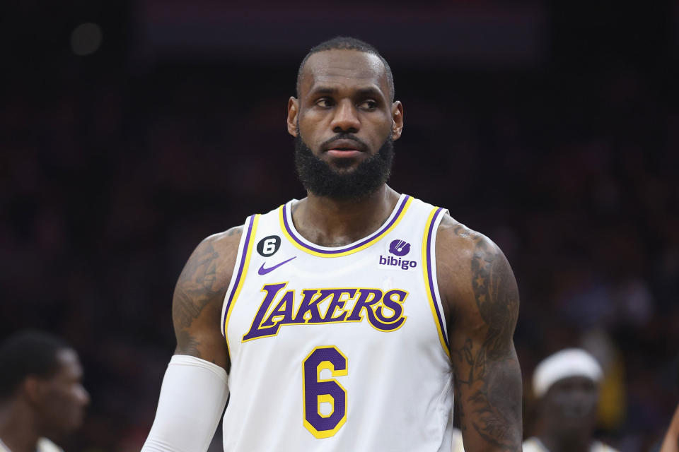 SACRAMENTO, CALIFORNIA - JANUARY 07: LeBron James #6 of the Los Angeles Lakers looks on in the second quarter against the Sacramento Kings at Golden 1 Center on January 07, 2023 in Sacramento, California. NOTE TO USER: User expressly acknowledges and agrees that, by downloading and/or using this photograph, User is consenting to the terms and conditions of the Getty Images License Agreement. (Photo by Lachlan Cunningham/Getty Images)<span class="copyright">Getty Images—2023 Lachlan Cunningham</span>