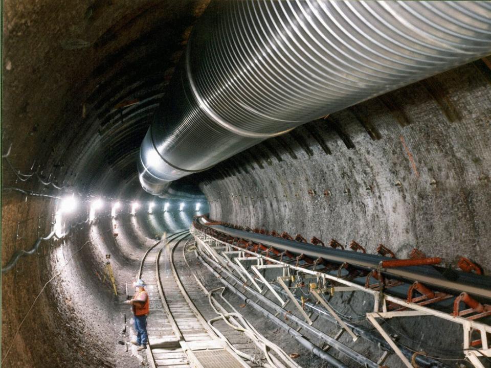 A picture shows a tunnel of the underground Studies Facility at Yucca Mountain in Nevada,