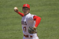 Los Angeles Angels pitcher Shohei Ohtani, of Japan, throws during the first inning of the team's baseball game against the Houston Astros Sunday, Aug. 2, 2020, in Anaheim, Calif. (AP Photo/Mark J. Terrill)