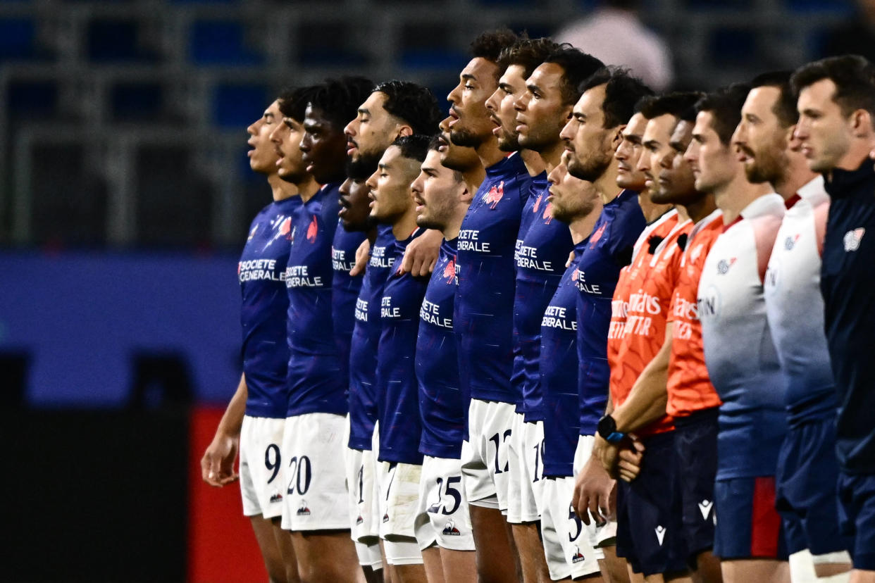 L’équipe de France de rugby à VII à Los Angeles pour la finale du tournoi World Sevens, le 3 mars 2024.