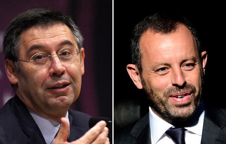 Barcelona president Josep Maria Bartomeu (L) and former president Sandro Rosell (R) will stand trial for tax fraud in the signing of Neymar