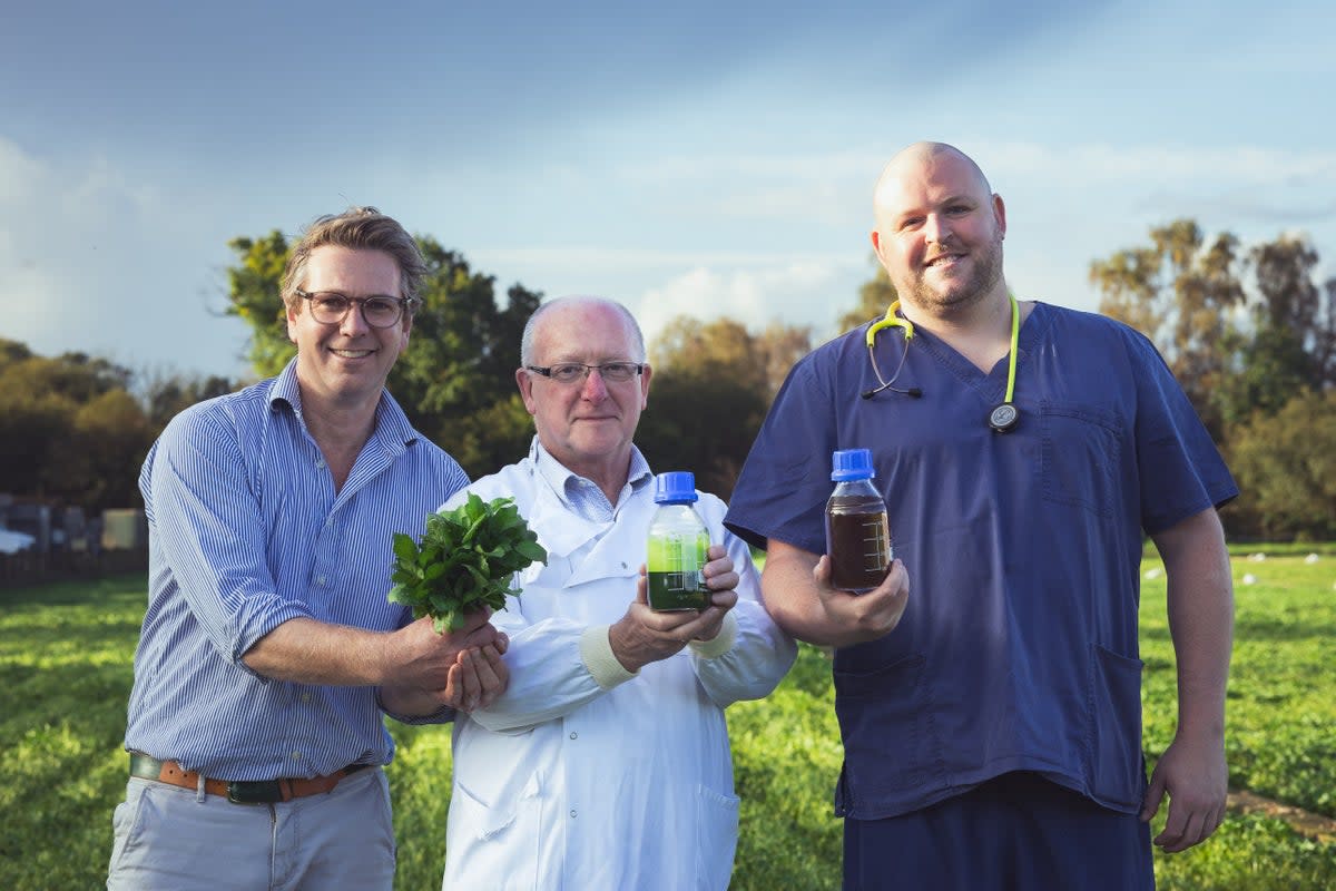 Tom Amery from The Watercress Company with Professor Paul Winyard and Dr Kyle Stewart from Watercress Research Ltd (Alex Brady)