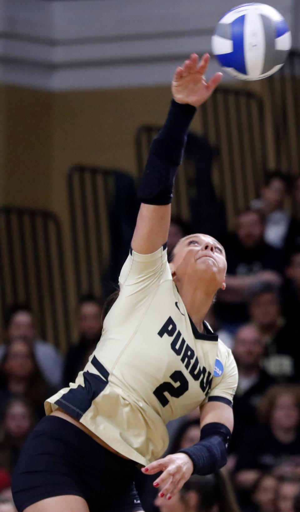 Purdue outside hitter Chloe Chicoine (2) hits the ball during the NCAA Women’s Volleyball Tournament match against the Fairfield, Thursday, Nov. 30, 2023, at Holloway Gymnasium in West Lafayette, Ind. Purdue won 3-0.