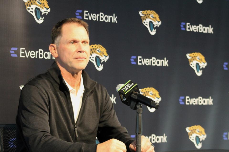 Jacksonville Jaguars general manager Trent Baalke talks with reporters on Thursday from the Miller Electric Center.