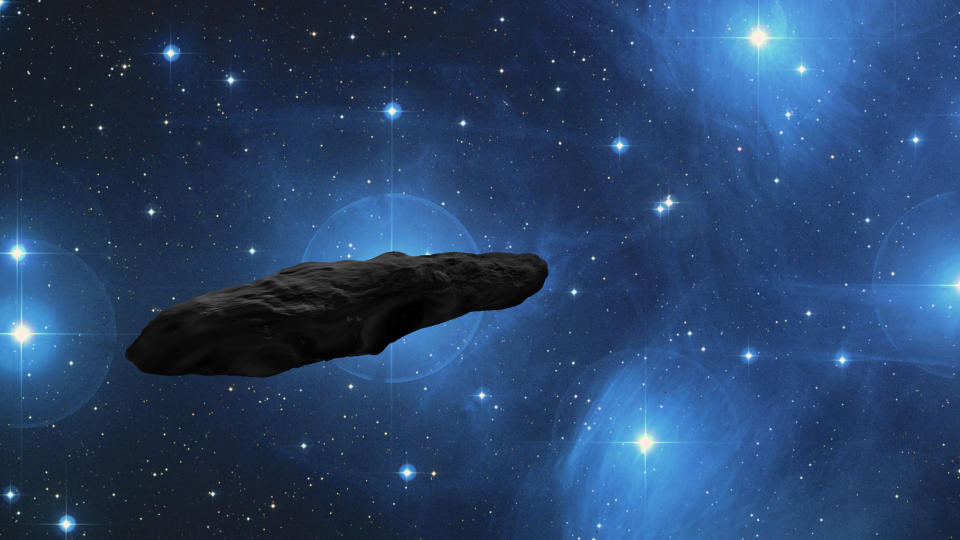 Graphic illustration shows 'Oumuamua as a long and flat space rock against a starry background of space.