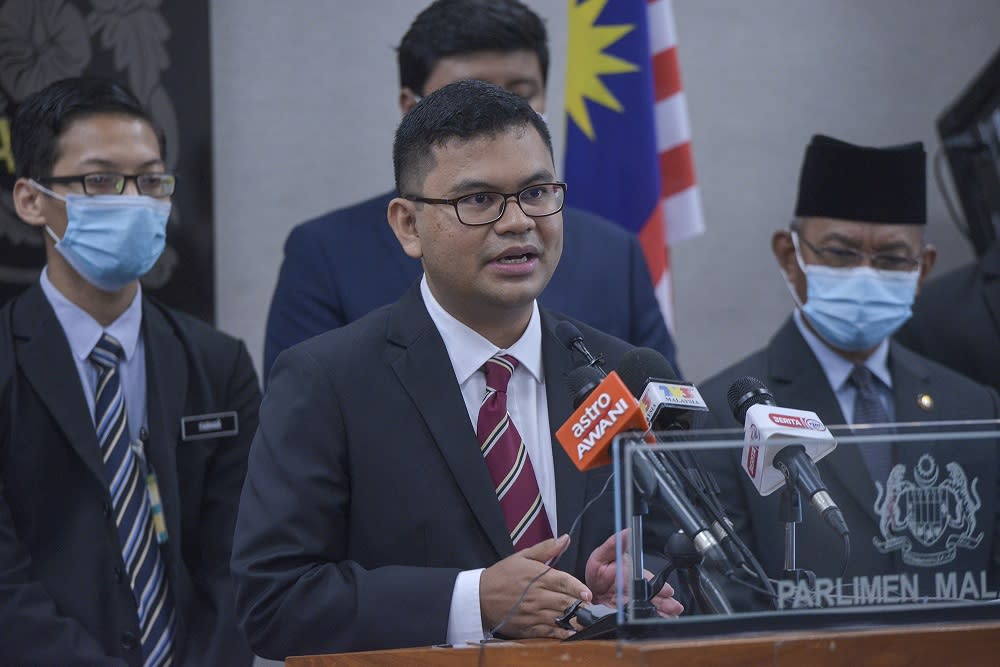 Johor Baru MP Akmal Nasrullah Mohd Nasir speaks during a press conference in Parliament August 12, 2020. — Picture by Shafwan Zaidon