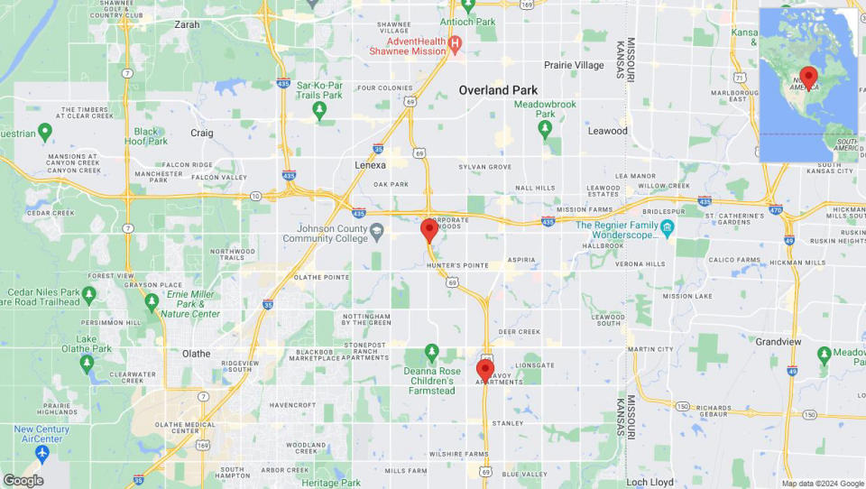 A detailed map that shows the affected road due to 'Lane on US-69 closed in Overland Park' on May 12th at 7:17 p.m.