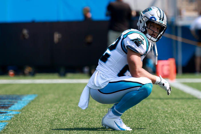 CHARLOTTE, NORTH CAROLINA - SEPTEMBER 12: Christian McCaffrey #22 of the Carolina Panthers looks on prior to the game against the New York Jets at Bank of America Stadium on September 12, 2021 in Charlotte, North Carolina. (Photo by Grant Halverson/Getty Images)