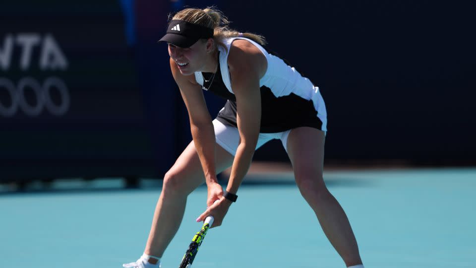 Wozniacki looks on during her match against Clara Burel at the Miami Open. - Megan Briggs/Getty Images