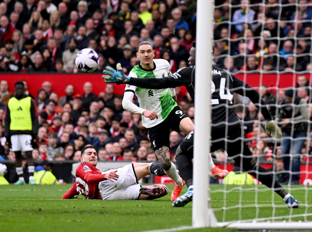 Liverpool's Darwin Nunez comes close to scoring during the English Premier League clash against Manchester United at Old Trafford. 