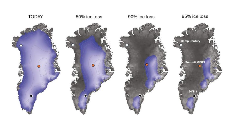 Four maps of Greenland show ice loss at different stages, calculated by model