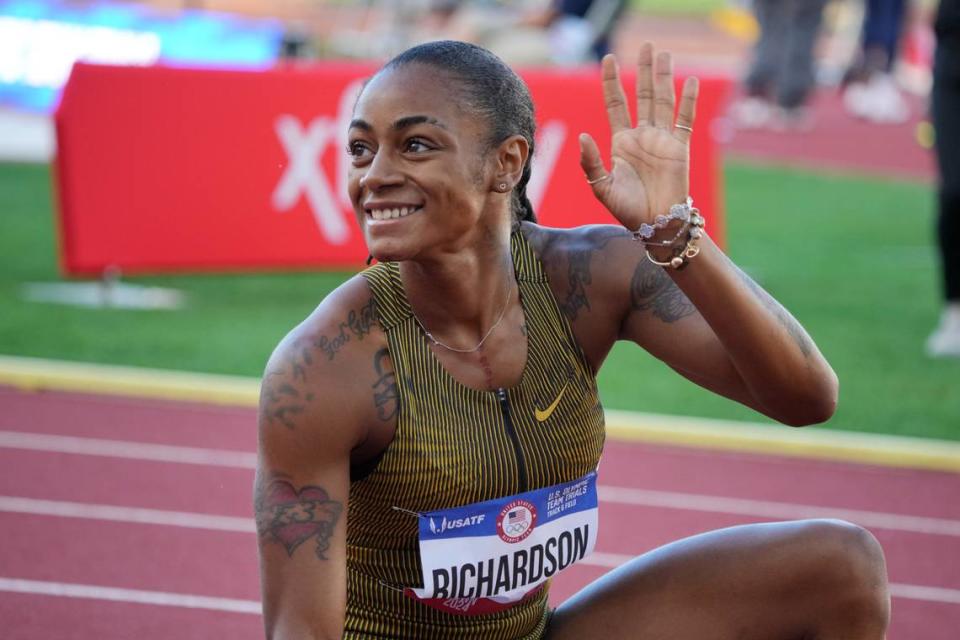 Jun 28, 2024; Eugene, OR, USA; Sha’Carri Richardson celebrates after winning the women’s 200m heat in 21.92 during the US Olympic Team Trials at Hayward Field.