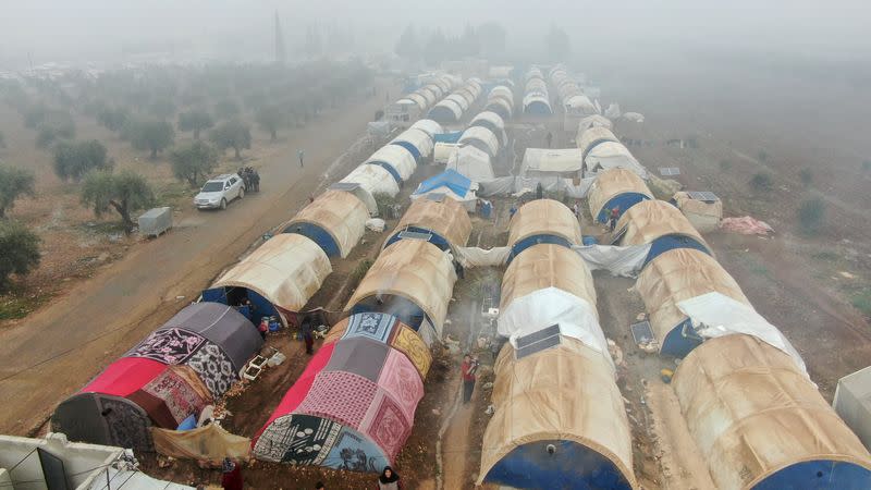 FILE PHOTO: A picture taken with a drone shows tents of Internally displaced Syrians in Northern Aleppo countryside