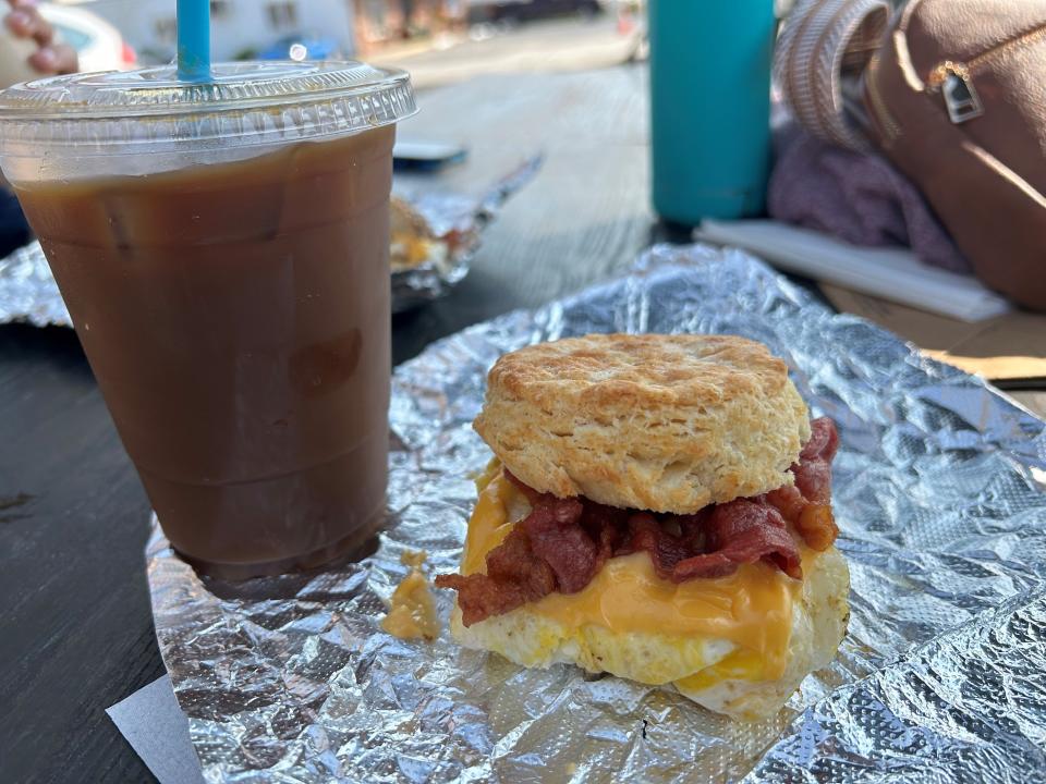 Bacon, egg and cheese on a biscuit and a hazelnut cold brew coffee at A Little Cafe in Wildwood Crest.