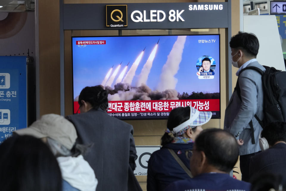 A TV screen shows a file image of North Korea's missiles launch during a news program at the Seoul Railway Station in Seoul, South Korea, Monday, April 22, 2024. North Korea fired multiple suspected short-range ballistic missiles toward its eastern waters on Monday, South Korea's military said, the latest in a recent series of weapons launches by the North. (AP Photo/Ahn Young-joon)