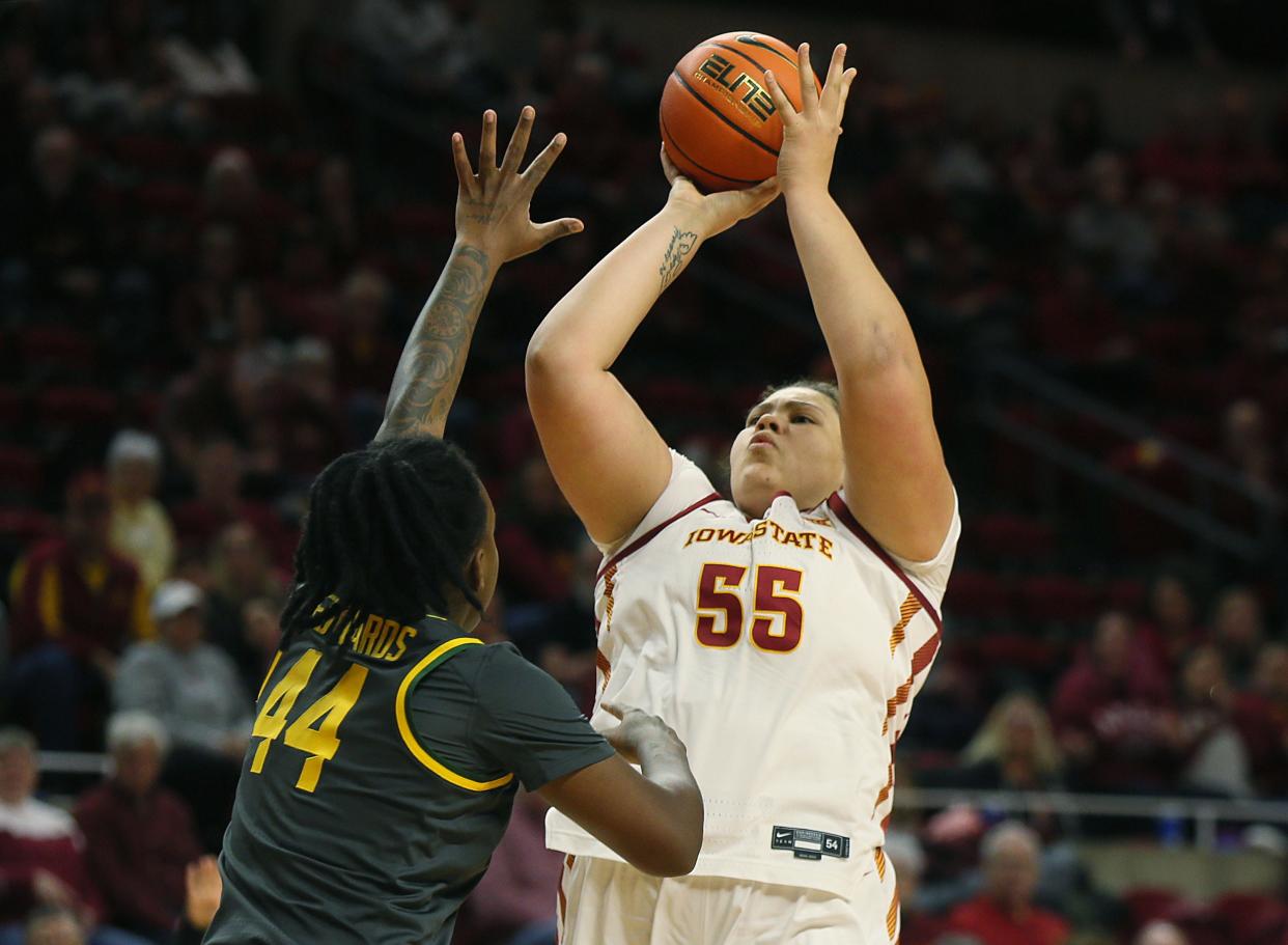 Iowa State's Audi Crooks takes a shot over Baylor's Dre'Una Edwards during Saturday's Cyclone victory at Hilton Coliseum.