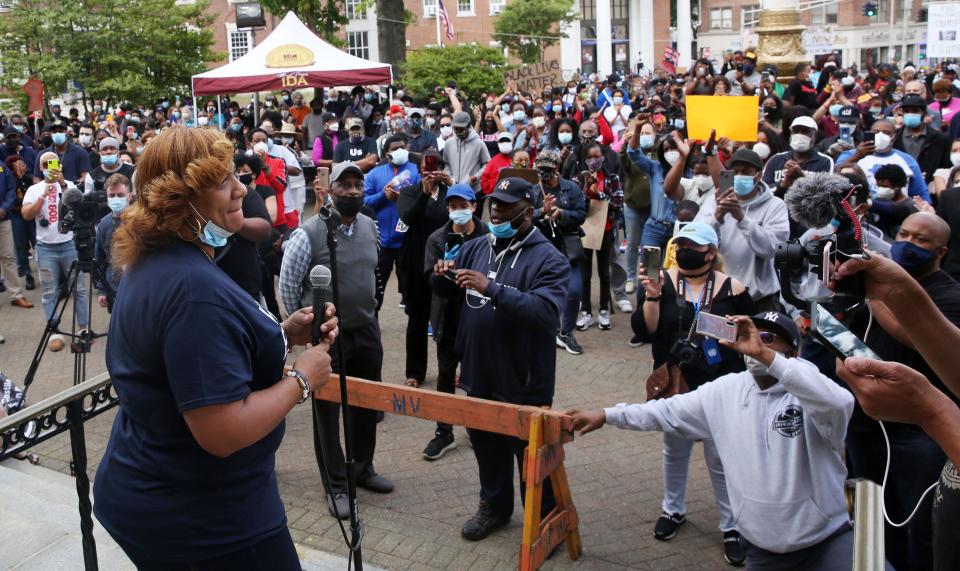 Mount Vernon Mayor Shawyn Patterson-Howard speaks to hundreds of people gathered in front of city hall during a peaceful We Can't Breath Unity Rally on June 2, 2020.