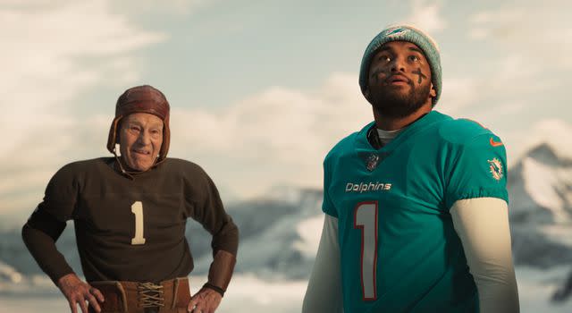 <p>Courtesy of Paramount+</p> Sir Patrick Stewart and Tua Tagovailoa in Paramount+'s Super Bowl LVIII commercial