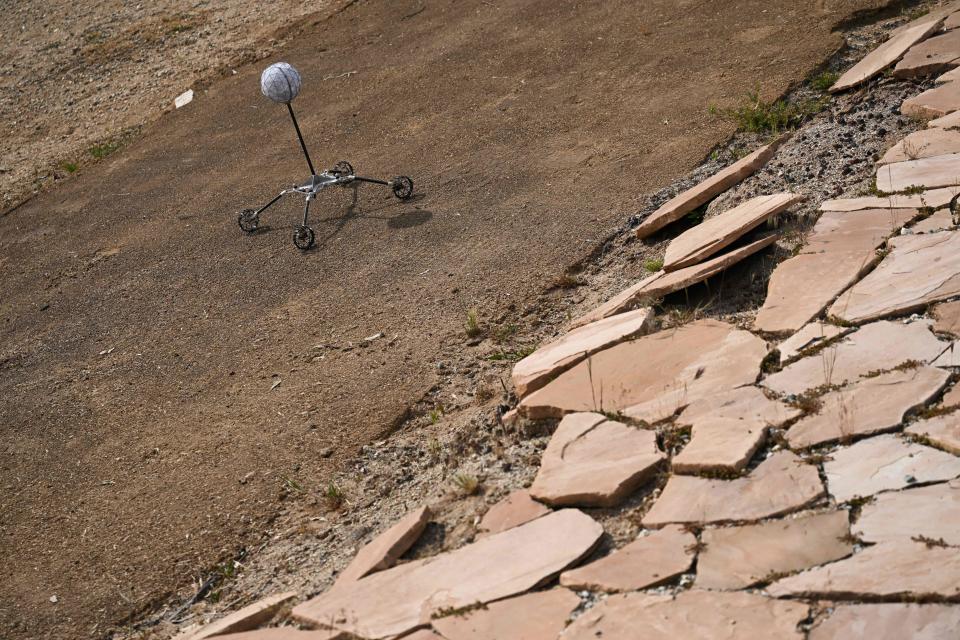 A mobility prototype for the Mars sample recovery helicopter is demonstrated for the Mars Sample Return mission in the Mars Yard at NASA's Jet Propulsion Laboratory (JPL) in Pasadena, California on April 11, 2023.