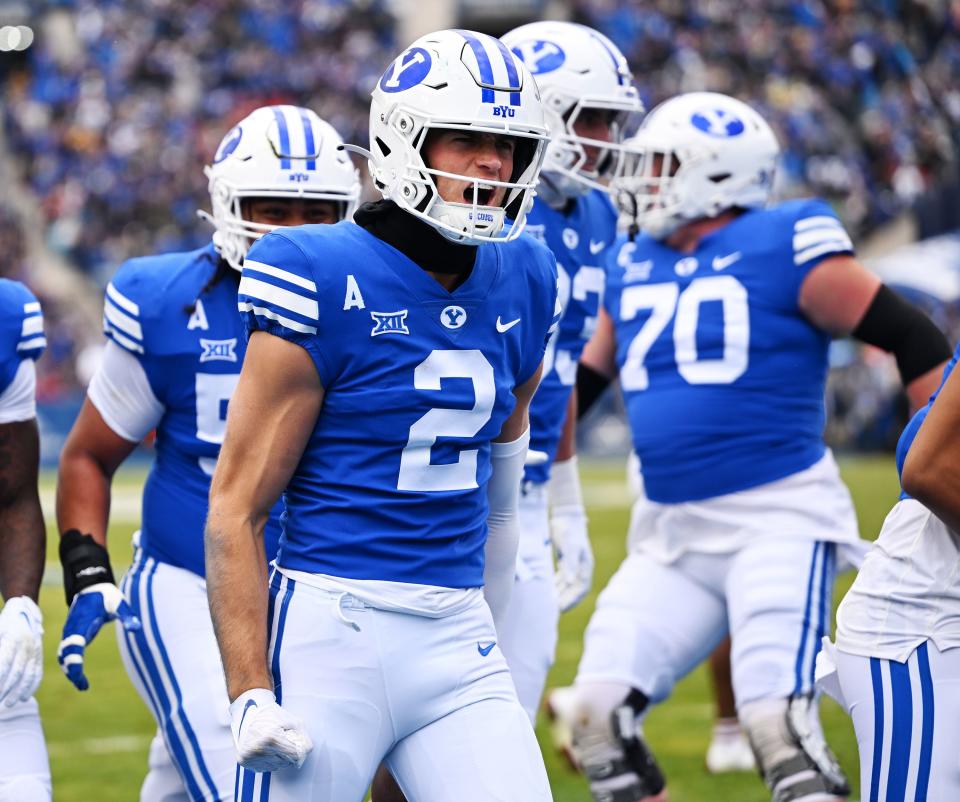 Brigham Young Cougars wide receiver Chase Roberts (2) celebrates after a touchdown as BYU and Oklahoma play at LaVell Edwards Stadium in Provo on Saturday, Nov. 18, 2023. | Scott G Winterton, Deseret News