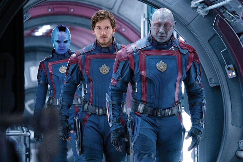From left: Gillan as Nebula, Pratt as Peter Quill/Star-Lord, and Dave Bautista as Drax in Guardians Vol. 3.