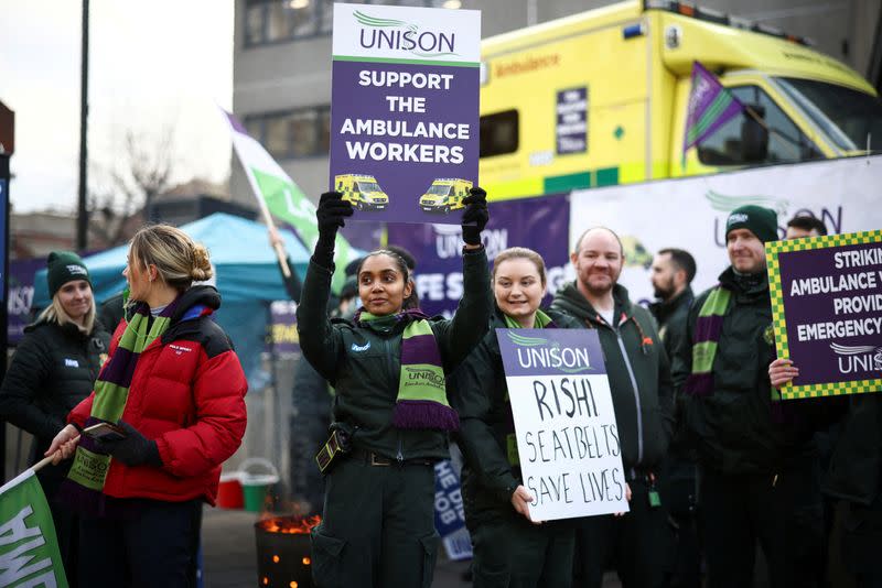 FILE PHOTO: Ambulance workers take part in a strike, in London