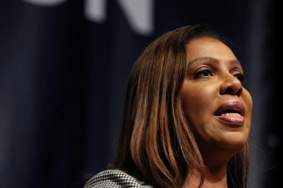 New York Attorney General Letitia James delivers remarks at the New York Democratic party 2022 State Nominating Convention in Manhattan in New York City, U.S., February 17, 2022. REUTERS/Mike Segar