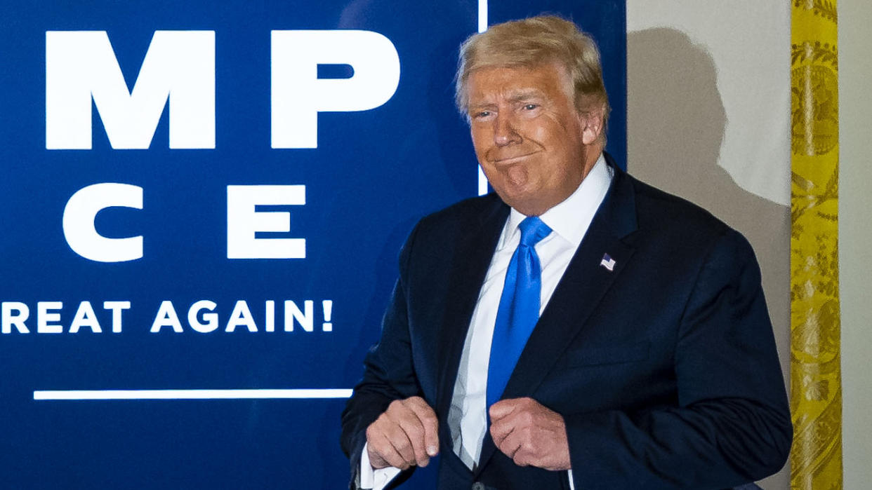 U.S. President Donald Trump arrives an election night party in the East Room of the White House in Washington, D.C., U.S., on Wednesday, Nov. 4, 2020. (Al Drago/Bloomberg via Getty Images)